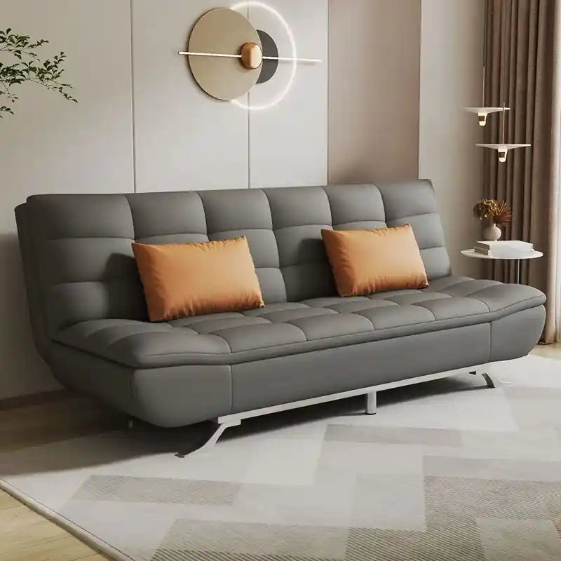  brown 3 seater click-clack sofa bed with tufted leatherette upholstery, metal angled legs, and modern couch bed design