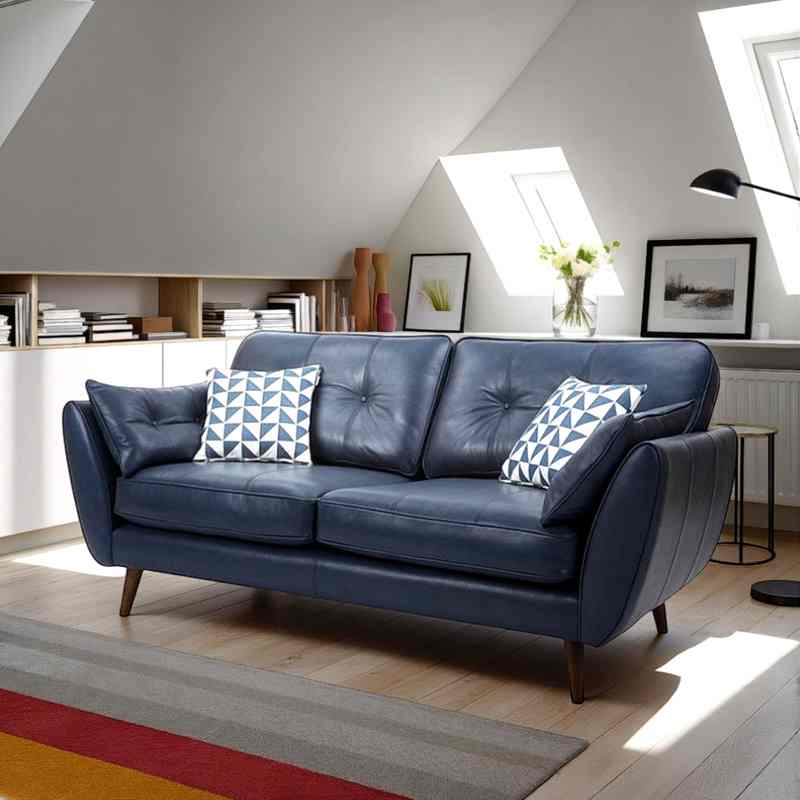 3 seater leather sofa with tufted backrest, flared arms, wooden legs, and modern sofa design