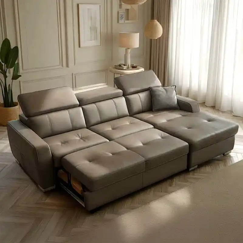  L shape sofa bed in grey with adjustable backrests, pull-out platform, extended chaise, and modern living room styling