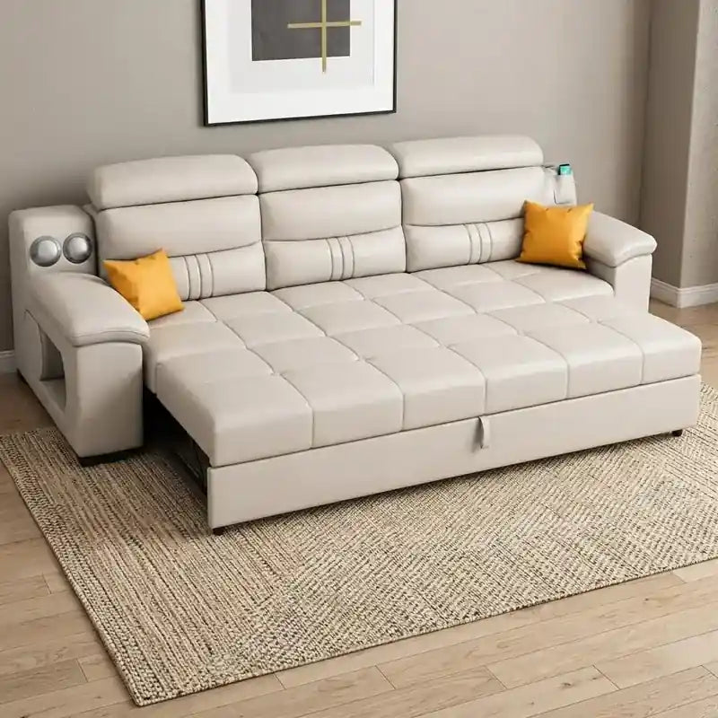 L shape beige sofa bed with chaise sofa cum bed convertible sofa bed 5 seater leatherette
