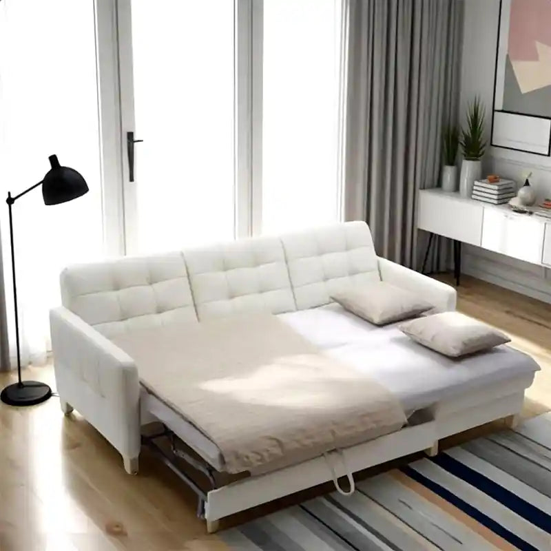  cream L shape sofa bed with chaise storage, pull-out sofa cum bed function, square tufted upholstery, and modern couch bed comfort