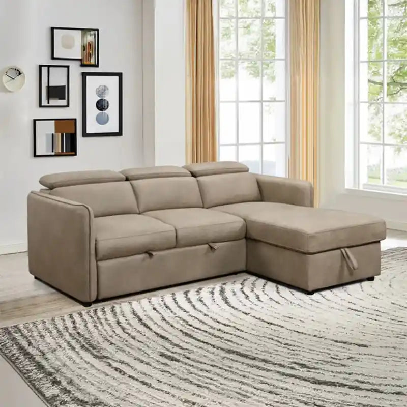 L shape sofa bed in beige fabric with chaise storage shown in living room view