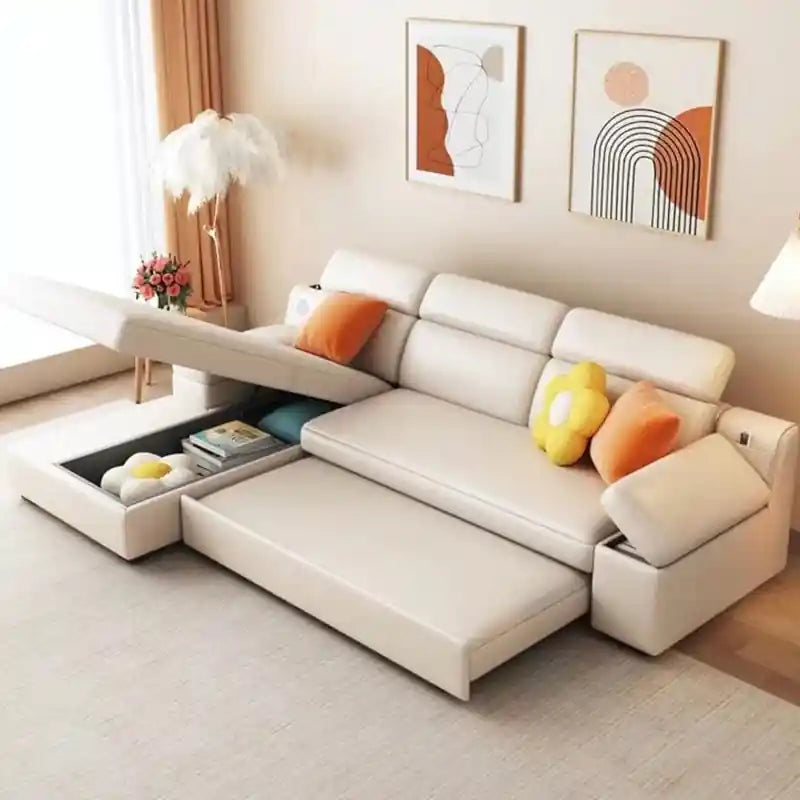  L shape sofa bed in cream with charging panel, under-seat storage, and pull-out bed function