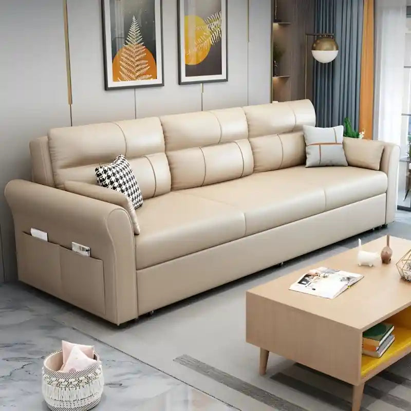  cream pull-out sofa bed for compact homes with modern sofa cum bed design, wide arms, and guest sleeping function