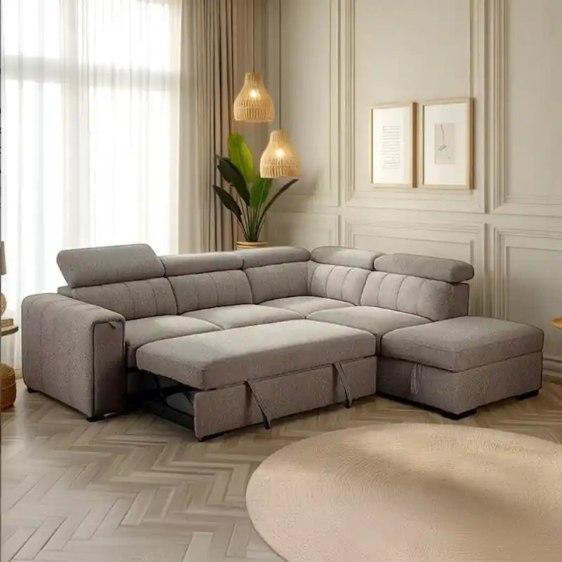 L shape sofa bed with cup holder shown in modern living room view