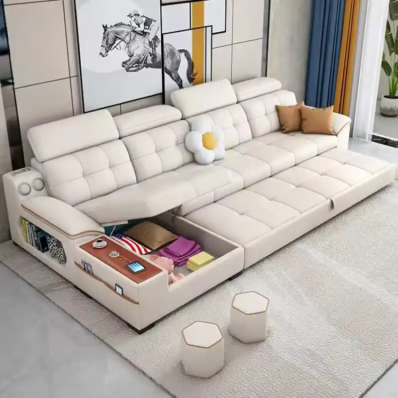  L shape sofa bed showing open storage drawer, side console, adjustable headrests, and pull-out sofa bed design