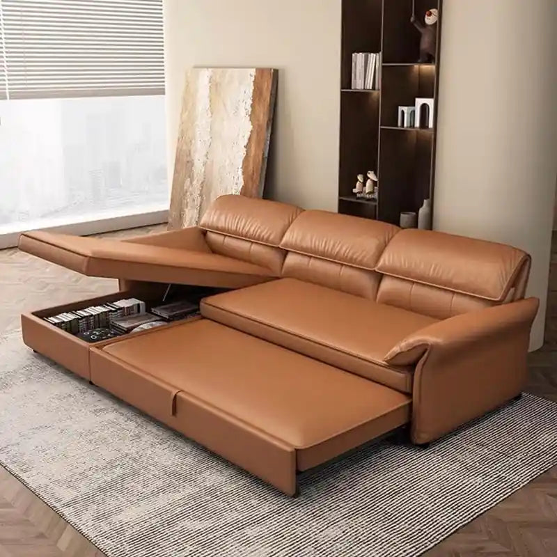  tan brown sofa bed showing open under-seat storage, pull-out base, and practical sofa bed storage design