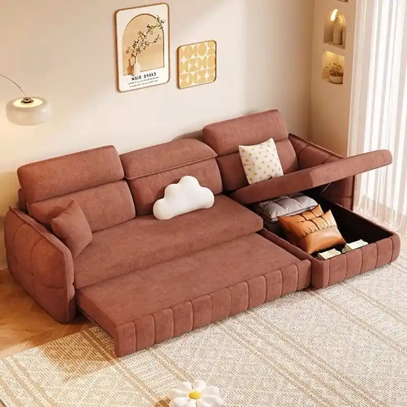 rust brown sofa bed storage close-up showing lift-up seat compartment for pillows