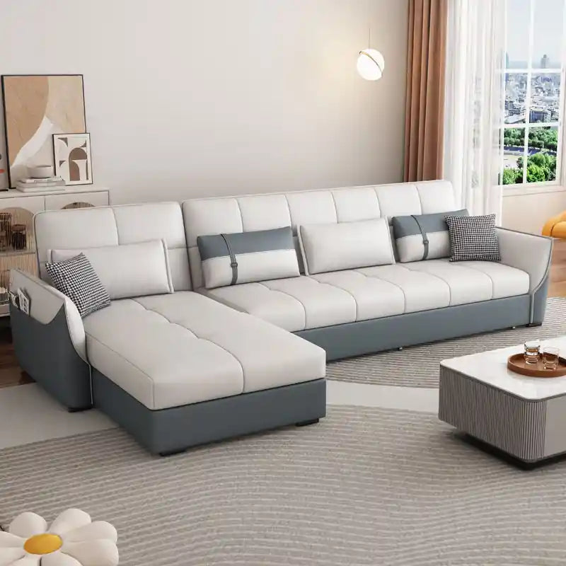 L shape sofa bed with USB ports in cream and grey living room view