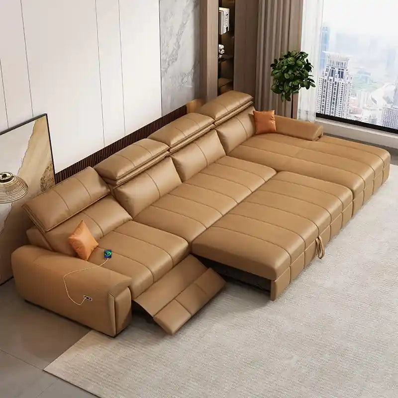 brown L shape couch bed with pull-out sleeper function, USB port, and lounge seating