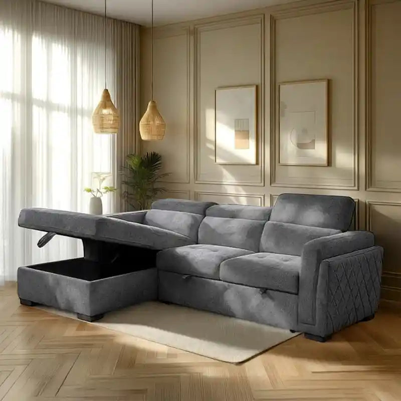  L shape sofa bed in grey with chaise storage, pull-out bed function, tufted cushions, and padded arms