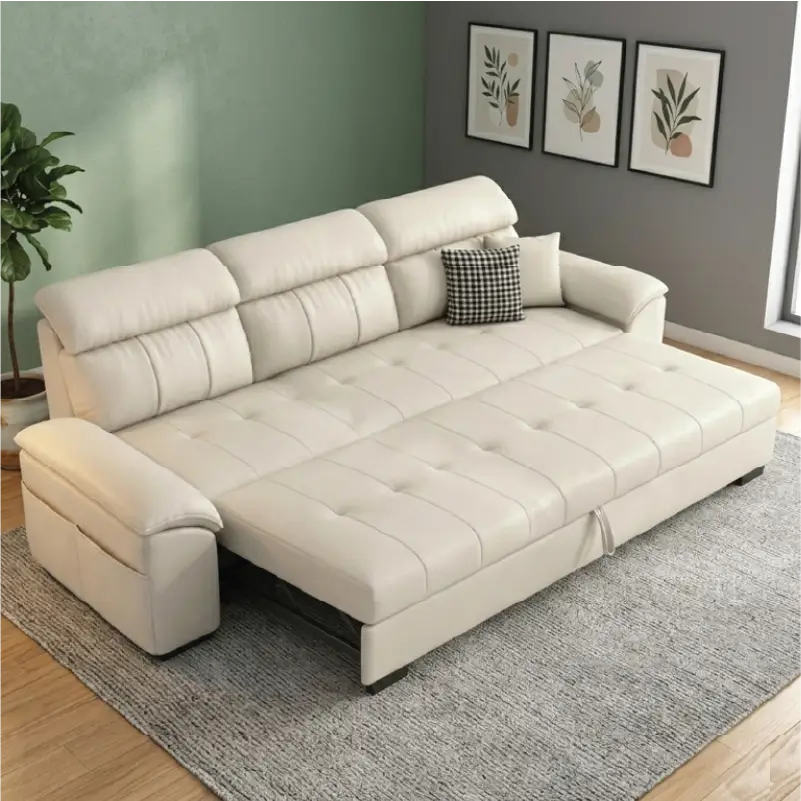 L shape sofa cumm bed with adjustable headrests in white front view