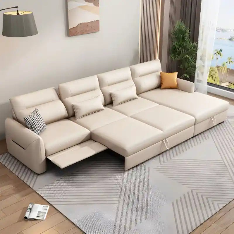 L shape sofa cumm bed with storage in beige faux leather front view
