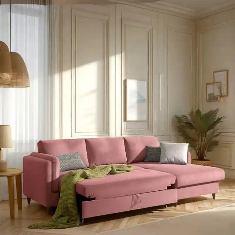 L shape sofa bed in pink fabric with lift-up chaise storage shown in main living room view