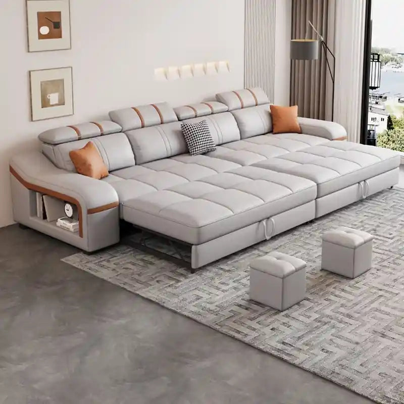  grey pull-out sofa bed with adjustable backrests, integrated side shelf, quilted seats, and modern sofa bed design