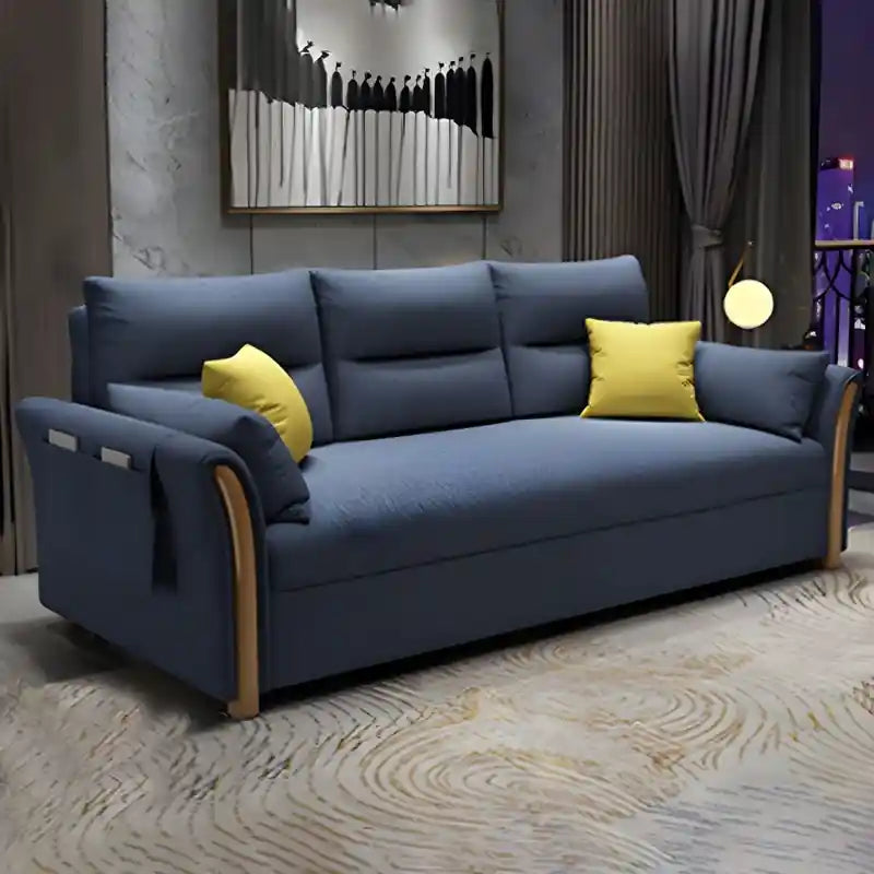 blue sofa cam bed with wooden arm panels, side pocket storage, yellow cushions, and modern sofa bed design for compact homes