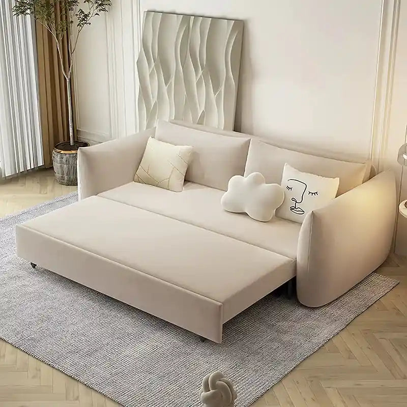 Boxy sofa bed image with rounded arms, convertible sofa bed, sleeper sofa, 3-seater fabric