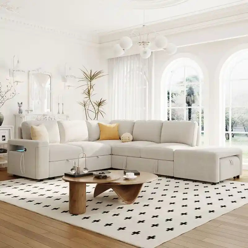  cream sofa cam bed with reversible chaise, under-seat storage, modern L shape sofa bed design, and couch bed comfort