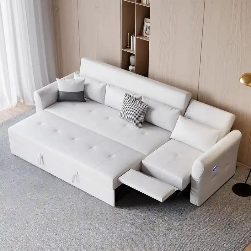  white sofa cam bed front view with right chaise layout, modern sofa bed styling, sofa cum bed comfort, and couch bed usability