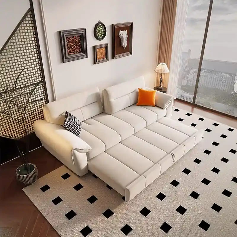 Modern rectangular sofa cum bed with convertible couch sleeper & beige fabric seating