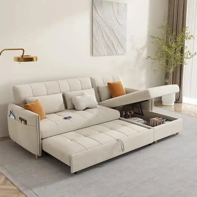 sofa cumm bed close-up showing tufted upholstery and side pocket in white