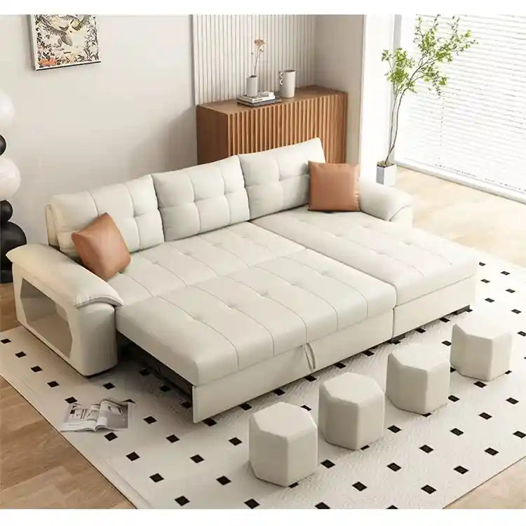 L shape sofa cumm bed with chaise storage in cream white leatherette top view