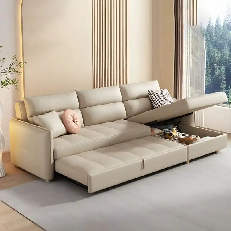 Sofa cumm bed with storage chaise, L shape sofa bed layout, pull-out sofa bed function, beige faux leather finish, square-tufted cushions, and couch bed comfort