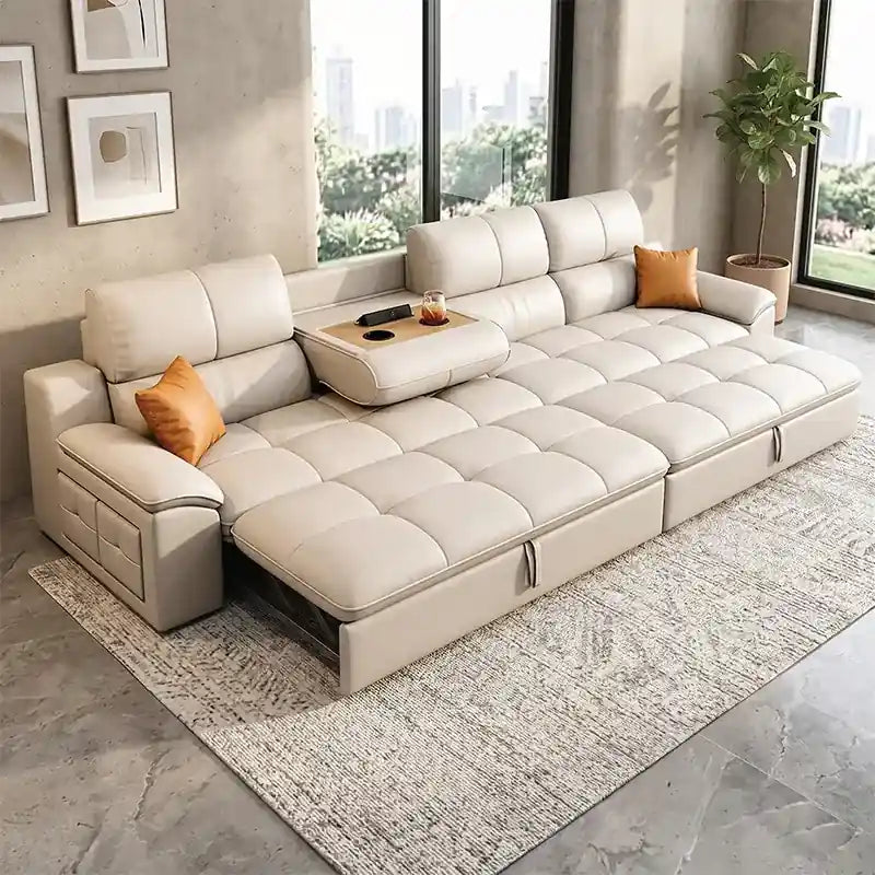  sofa cum bed with console, cup holders, recliner extension, and beige leatherette finish in living room view