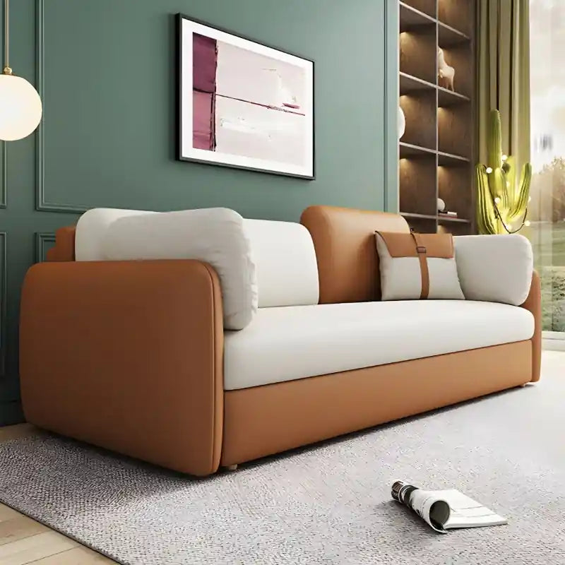 beige seat with tan frame convertible couch bed sofa cum bed modern 2-seater