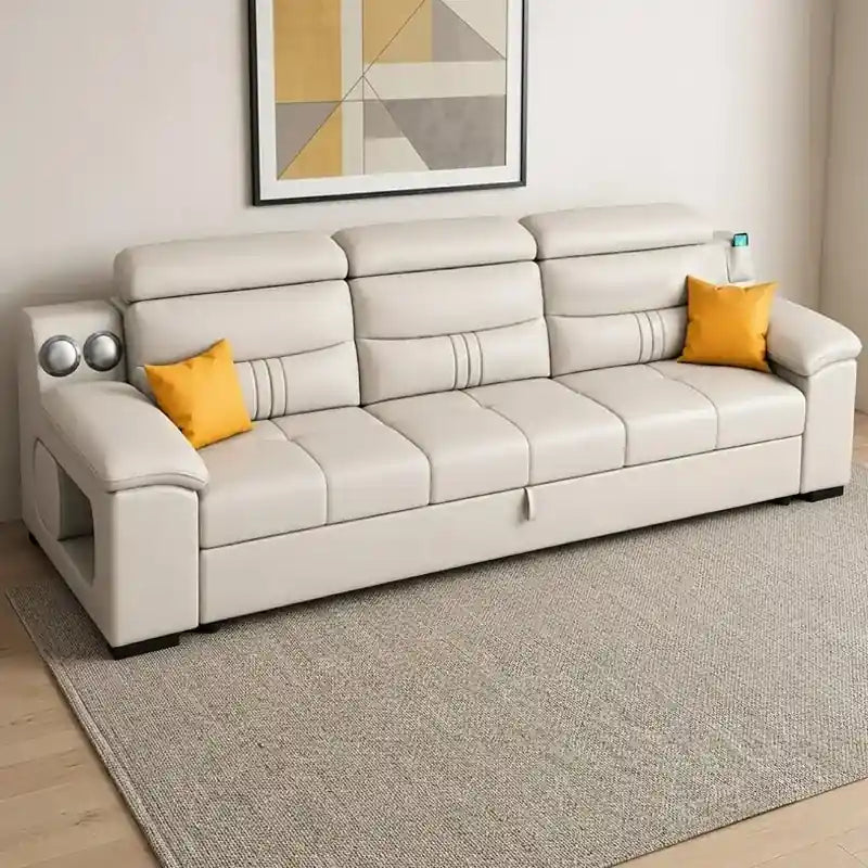 tufted sectional with speakers couch sleeper sleeper sofa L shape cream upholstery
