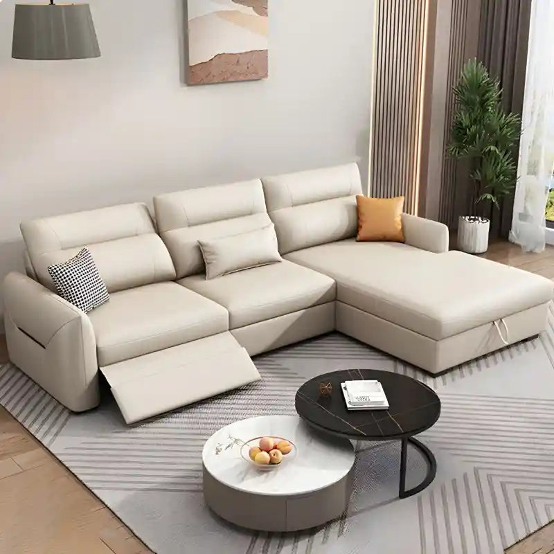 L shape sofa bed with pull-out function and chaise lounger side view