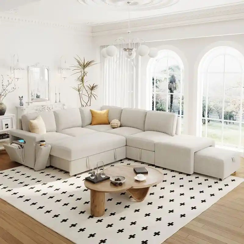  cream L shape sofa bed in living room view with sofa cum bed function, chaise storage, and compact home design
