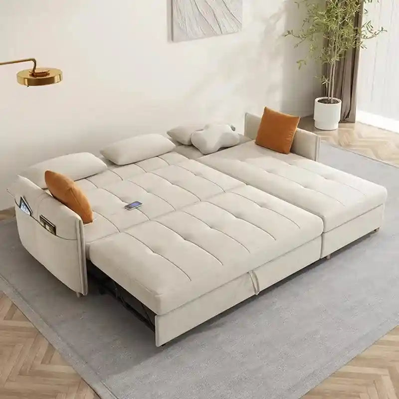 L shape sofa cumm bed in white with right-side chaise front view