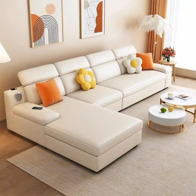cream L shape sofa bed with chaise lounge shown in modern living room view