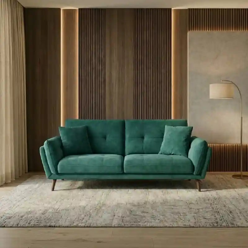 Leather sofa with tufted cushions, curved arms, lounge sofa comfort, and modern living room sofa design