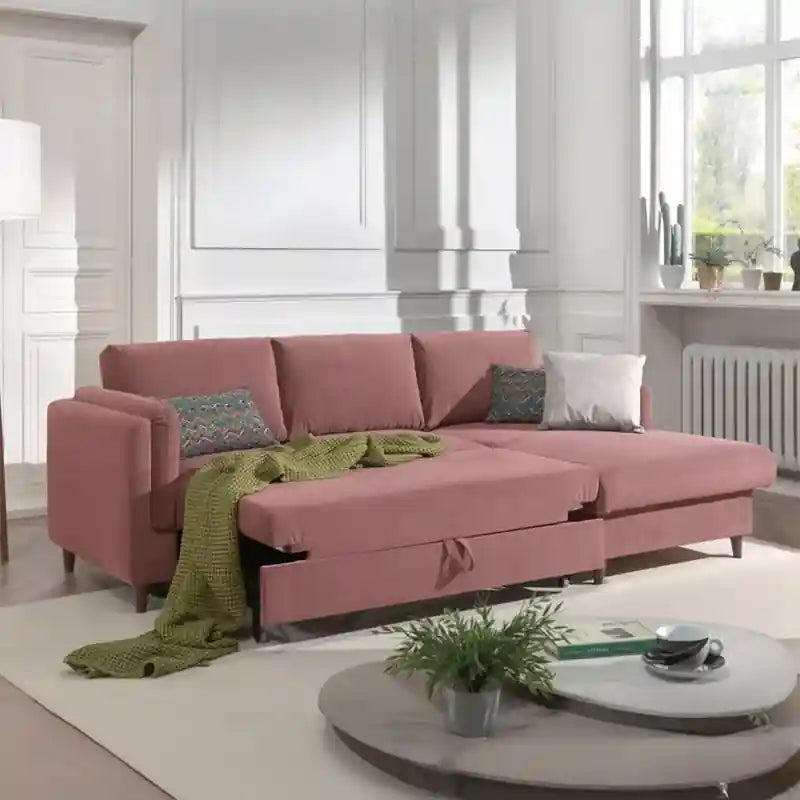 pink L shape sofa bed with pull-out bed function and chaise lounge seating
