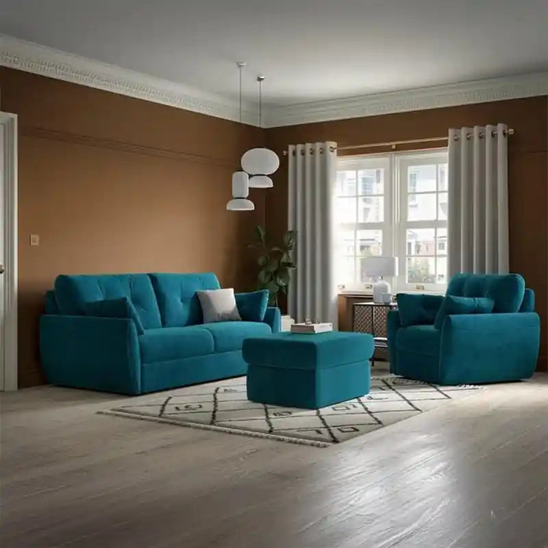 teal blue sofa cumm bed front view with plush cushioned seating, tall tufted backrest, and modern sofa bed styling