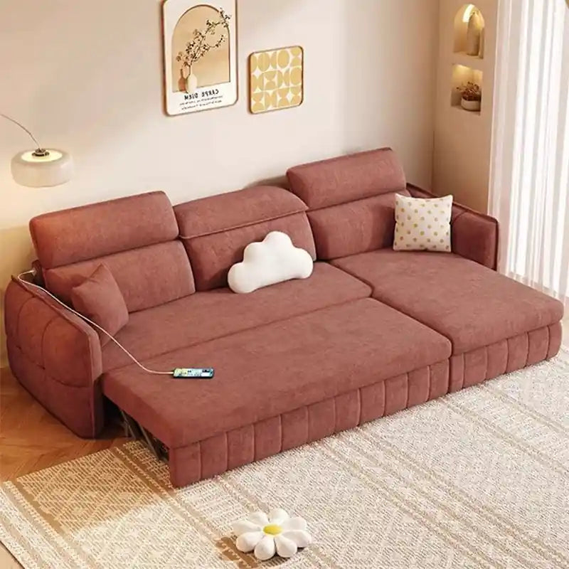 rust brown pull-out sofa bed with chaise storage and flat sleeper layout for guests