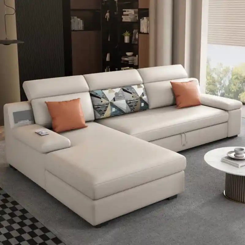  cream modern sofa bed with Bluetooth, USB charging, storage, and chaise layout for compact homes