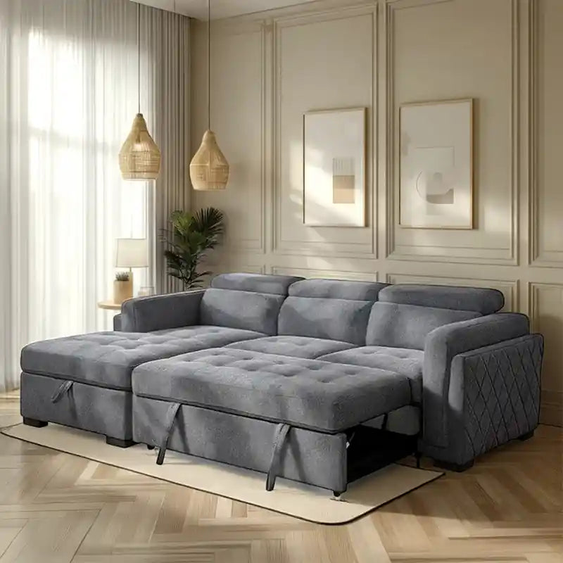  grey L shape sofa bed shown in living room view with chaise lounge, storage, and modern sofa bed comfort