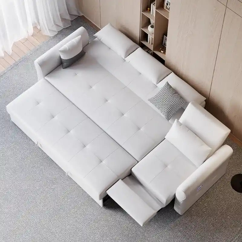  white sofa cam bed angle view with USB charging panel, sofa cum bed function, pull-out sofa bed design, and compact couch bed comfort