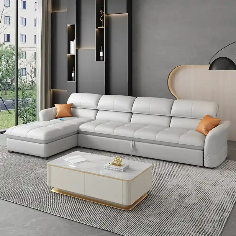 modern L shape couch bed with quilted arm detail, chaise seating, and tufted cushions