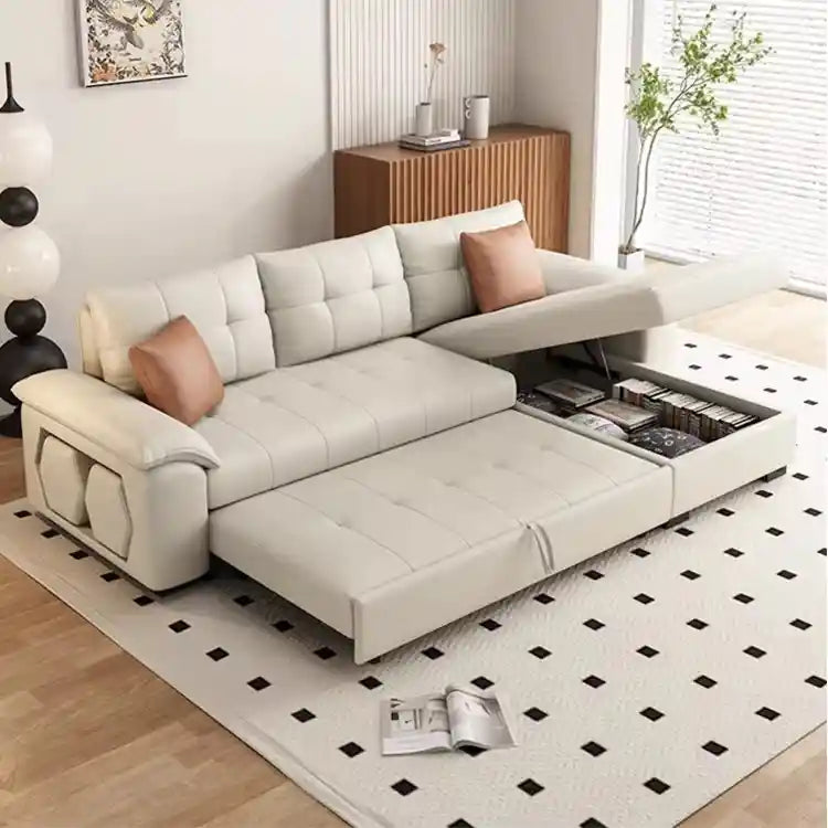 sofa cumm bed in cream white leatherette front view with right-side chaise