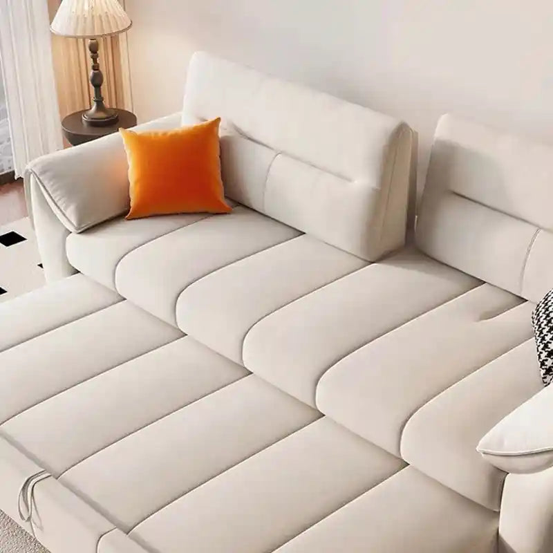 Sofa cum bed with pull-out mechanism, geometric tufted panels, soft-touch fabric, and modern sofa bed comfort