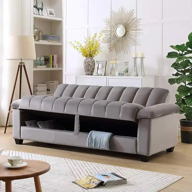 grey sofa cumm bed showing open under-seat storage and fold-flat bed function