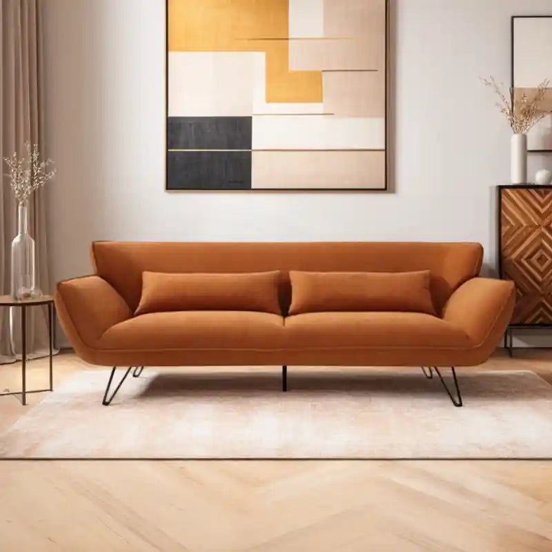 Sofi 3 seater sofa with continuous high backrest, slim black hairpin legs, and raised modern profile