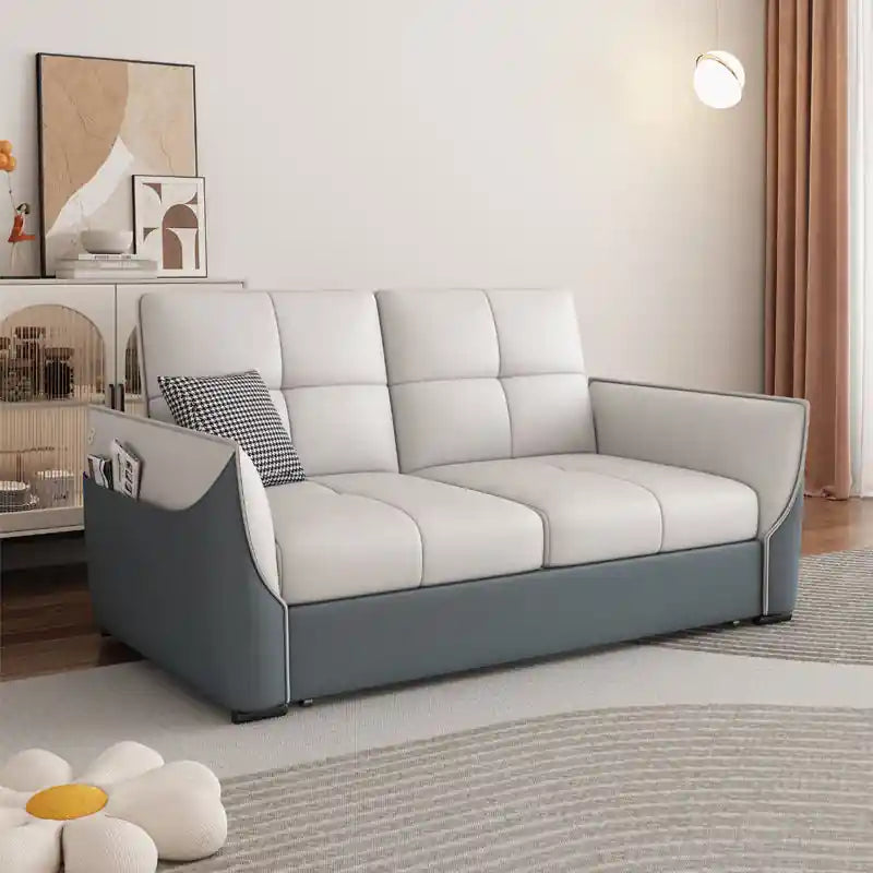 yellow L shape sofa bed with chaise lounge, side pocket, and tufted cushions