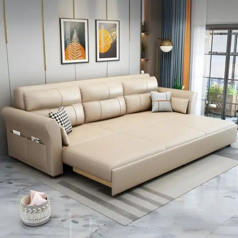 cream modern sofa bed with wide seating, compact living room layout, soft cushioning, and sofa cum bed usability