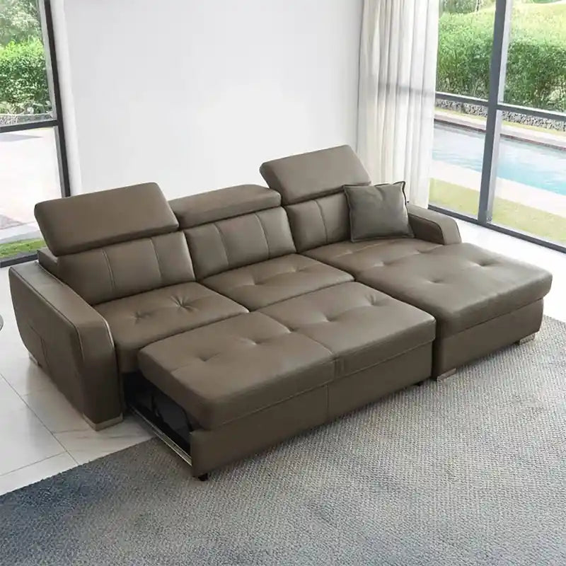  grey sofa cam bed front view with adjustable backrests, chaise layout, and modern sofa bed design