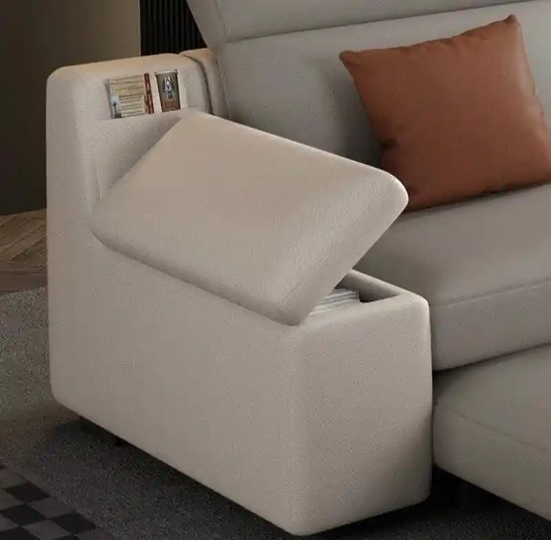  cream couch bed with pull-out bed function, smart armrest panel, and modern sofa bed comfort